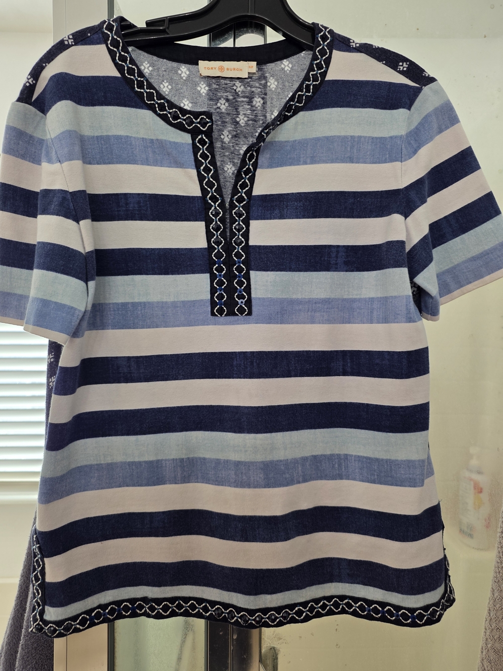 Tory Burch Navy, Light Blue & White Striped Short Sleeve Tunic